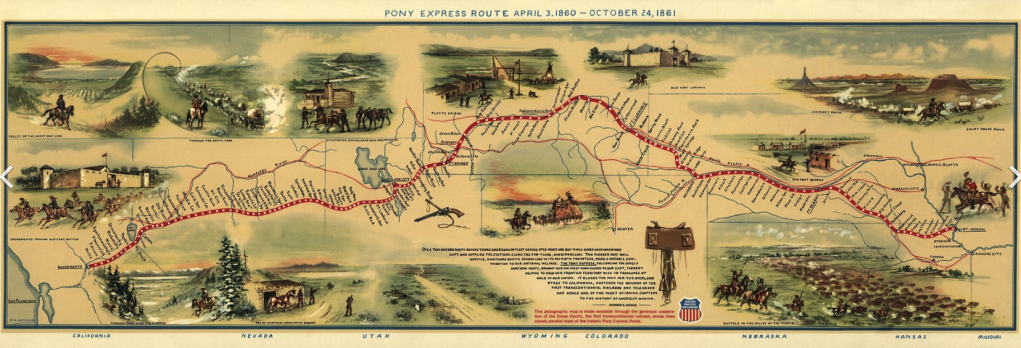 Illustrated Map of Pony Express Route in 1860 by William Henry Jackson ~ Courtesy the Library of Congress ~ The Pony Express mail route, April 3, 1860 – October 24, 1861;  Reproduction of Jackson