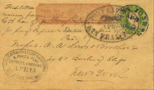 "First letter received from C. A. Low by Pony Express" sent to Messrs. A. A. Low & Brother in New York. The stamp indicates that the letter traveled from San Francisco to St. Joseph, Missour by April 13. The letter was sent on prepaid Wells Fargo Stationery. Date of mailing in April seems illegible , but may be April 3. 