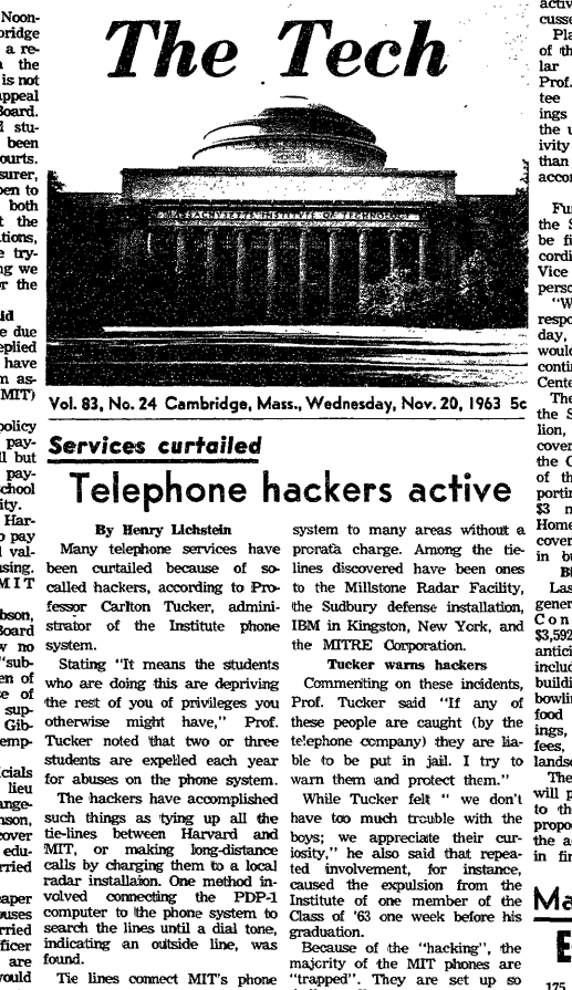 screenshot of partial page of MIT student Newspaper The Tech Nov 20, 1963