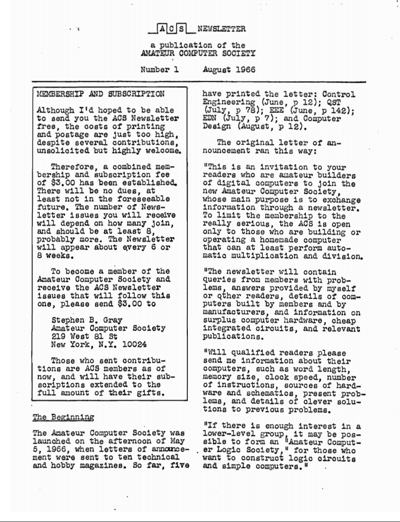 First page of the first issue of the newsletter of the Amateur Computer Society