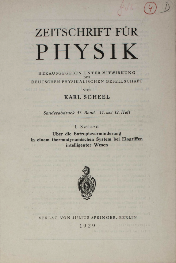 Cover page of the offprint of Szilard's paper on the relationship between information and thermodynamics
