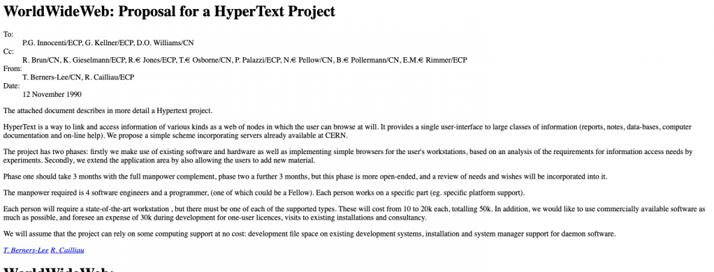 Tim Berners-Lee's "WorldWideWeb: A Proposal for a Hypertext Project."