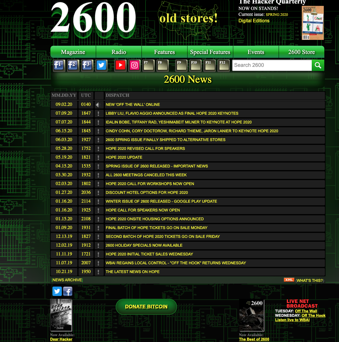 Screenshot (partial) of the extremely distinctive look of the 2600 website in September 2020.