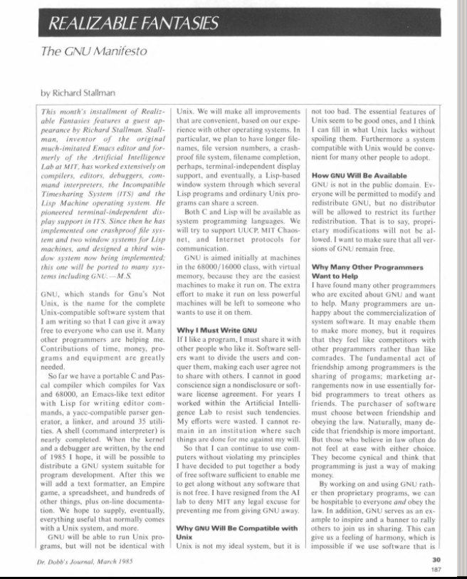 First page of the original publication of Stallman's manifesto as it appeared in the reprint edition of Dr. Dobb's Journal, Vol. 10.