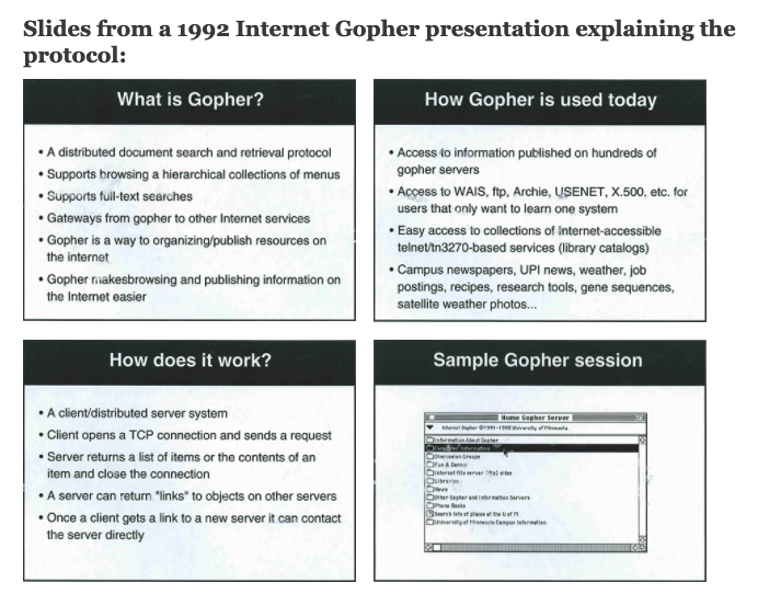 Slides from a 1992 Internet Gopher presentation explaining the protocol,