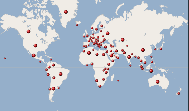 Map showing locations that held celebrations honoring the tenth anniversary of the Wikipedia