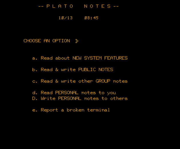 The PLATO Notes opening screen as it appeared about 1976