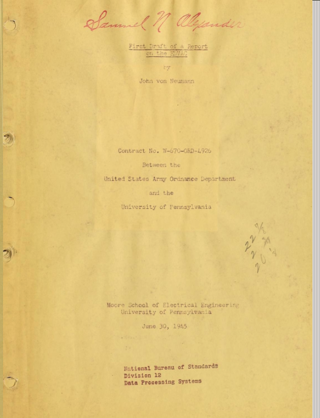 Title page of an early photocopy of Von Neumann's First Draft of a Report on the Edvac.