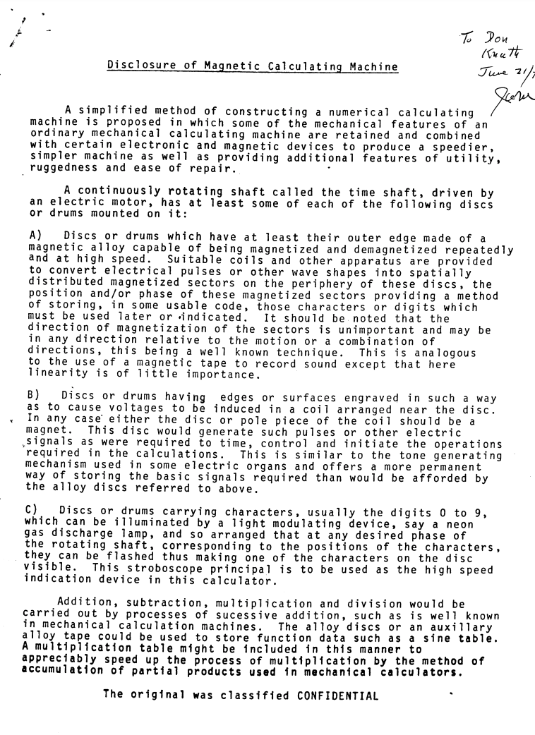 Text of Mauchley's "Disclosure of a Magnetic Calculating Machine" sent by Mauchly to Don Knuth in 1978