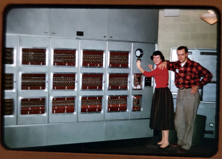 Alice (Betsy) E. D. Gillies and Donald B. Gillies with the ILLIAC I at the Digital Computer Lab, Urbana Illinois, circa 1958.