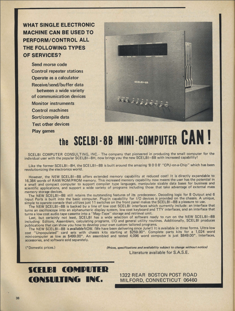 An ad for the SCELBI-8B, the second version of the machine, as it appeared in BYTE magazine #1, September, 1975.