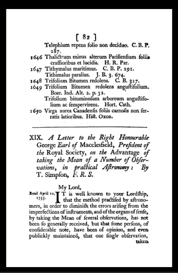 Thomas Simpson's "On the Advantage of Taking the Mean of a Number of Observations, in Practical Astronomy