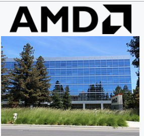 AMD logo above photograph of their headquarters building.