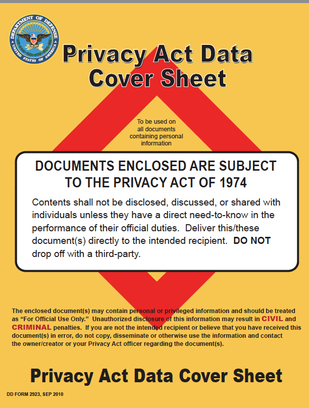 Cover sheet for documents covered under the Privacy Act of 1974