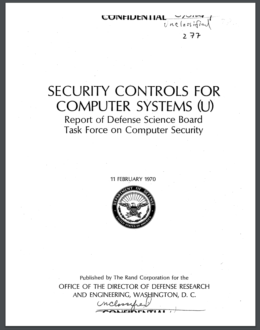 Title page of Security Controls for Computer Systems