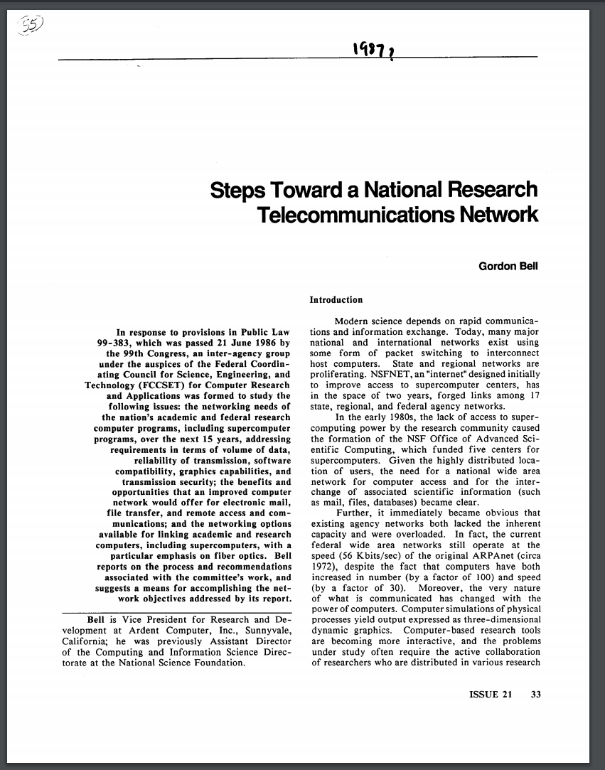 Bell's Steps Toward a National Research Telecommunications Network