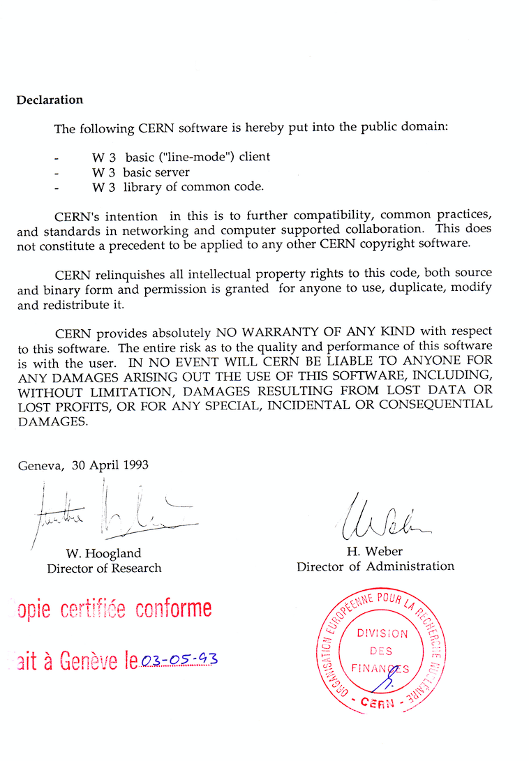 Page two of CERN's official document placing World Wide Web software into the public domain