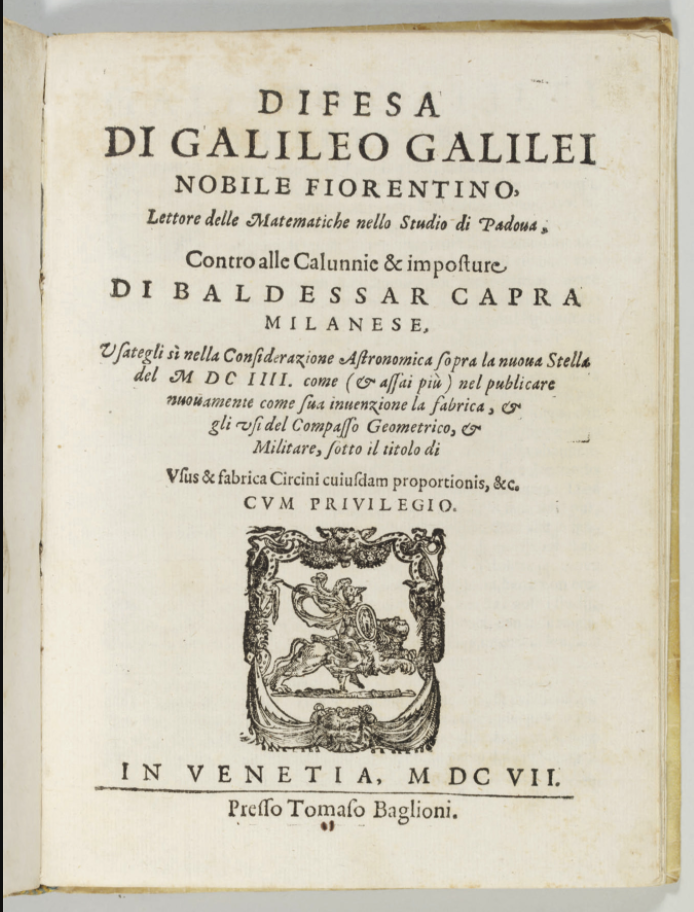 The Richard Green copy of the first edition of Galileo's work that sold at Christie's in New York for $230,500 in 2008. 