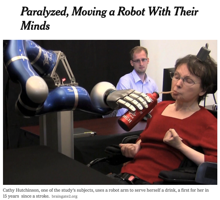 paraplegic patient serving herself a drink by controling a robotic arm with her mind