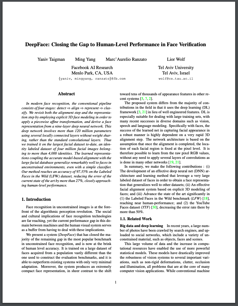 first page of the DeepFace scientific paper