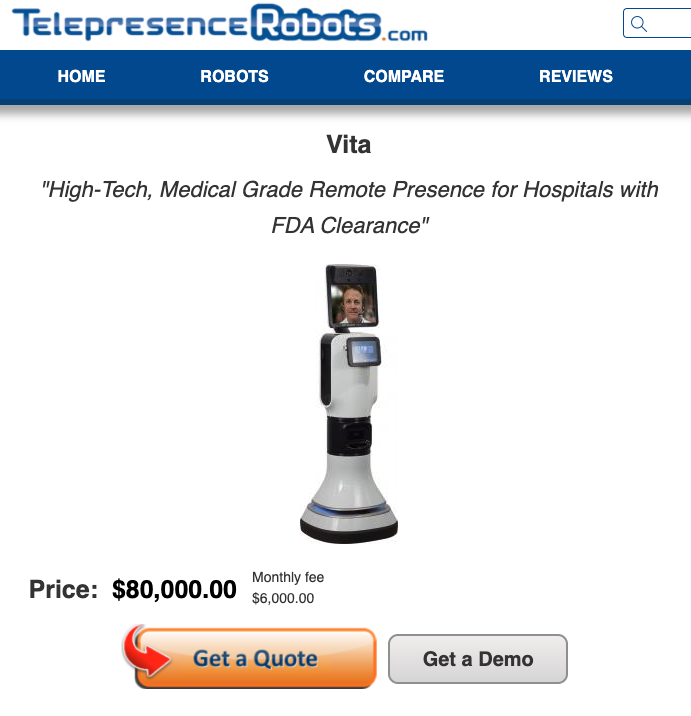 Screenshot from Telepresence Robots.com taken in September 2020, offering the RP-Vita for sale for $80,000.