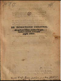 Title page, printed with the name of the author, printer, or date of the first printed edition of Valla's Donatione Constantini, edited by Ulrich von Hutten.