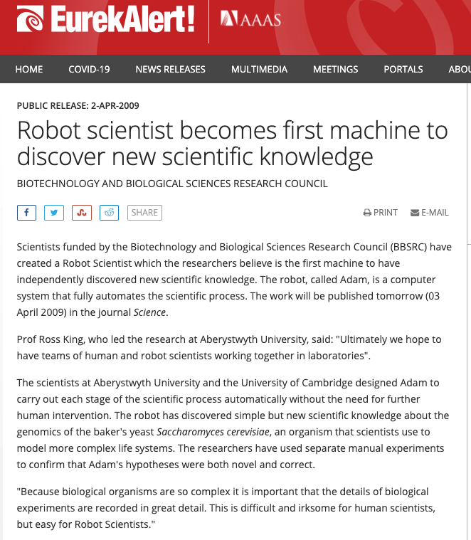 Eureka Alert regarding Robot Scientist
