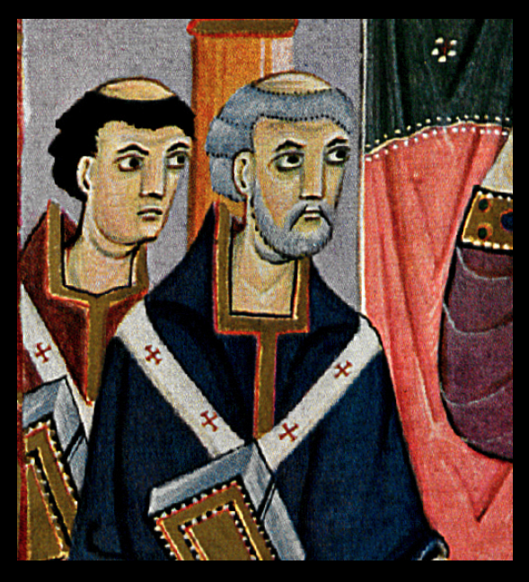 Pope Sylvester II, in blue, as depicted in the Gospels of Otto III, Illuminated by Meister der Reichenauer Schule, from 998-1001.