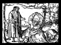 Woodcut, Cologne 1521, showing the humanist Johannes Reuchlin  (kneeling) and wringing his hands while Johannes Pfefferkorn stands by him in a master's robes. 