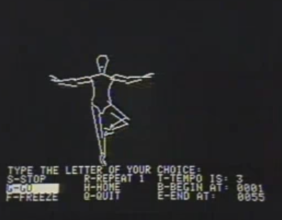 Screenshot of the DOM dance program from the television show, Computers and the Arts (1987)