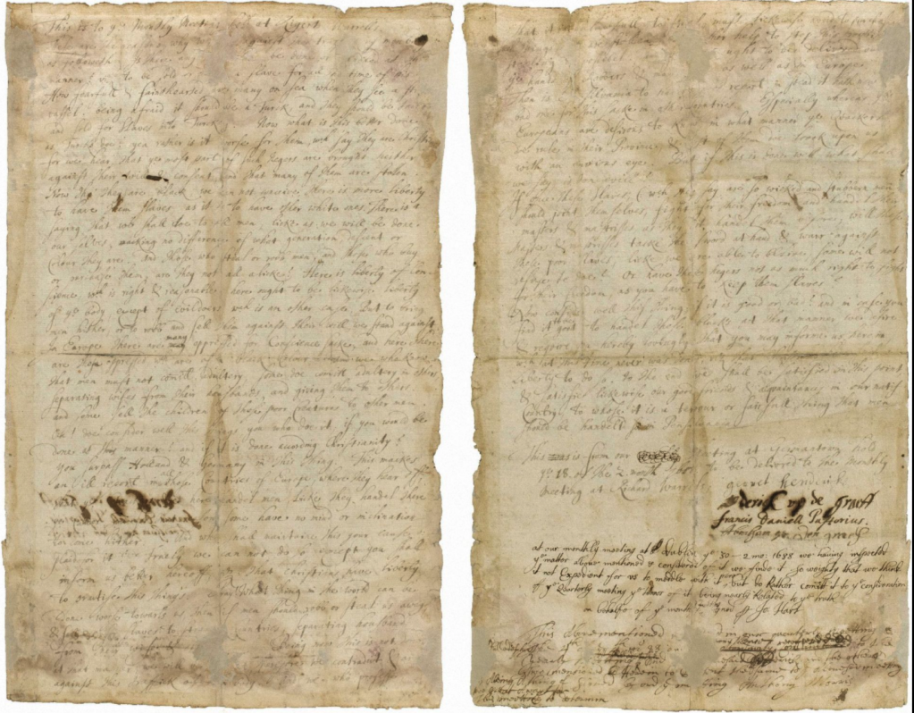 Both sides of the Germantown Quaker Petition Against Slavery