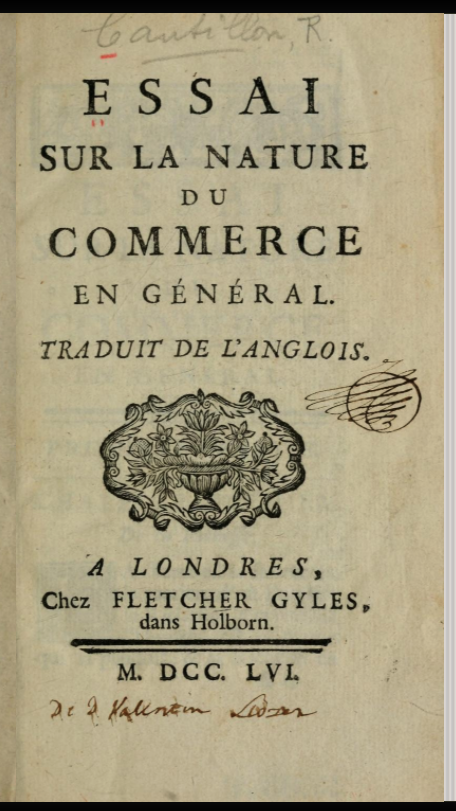 Title page of Richard Cantillon's Essai sur la Nature du Commerce en genéral