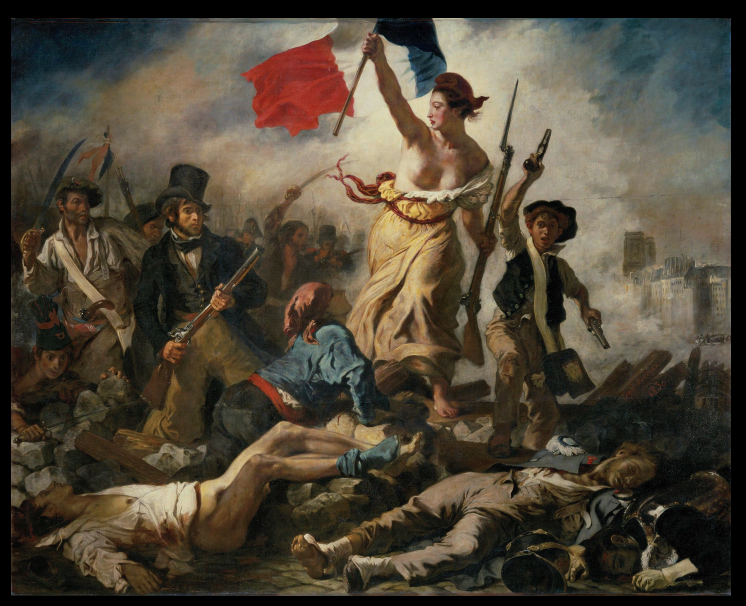 "Liberty Leading the People" by Eugène Delacroix. This painting actually commemorates the French Revolution of 1830 (July Revolution) on 28 July 1830. It was painted by Delacroix in 1830. Louvre.