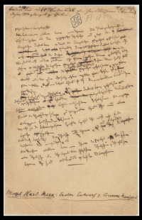 Only surviving page from the first draft of the Manifesto, handwritten by Karl Marx. Preserved in the International Institute for Social History, Amsterdam.