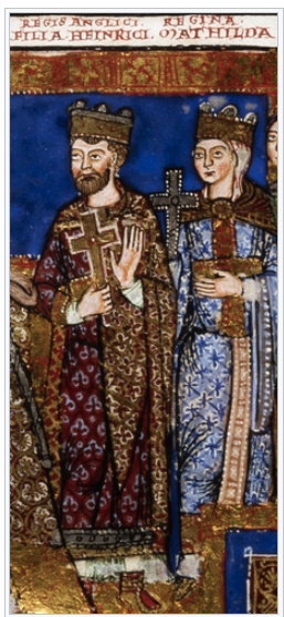 Henry portrayed alongside his mother, Empress Matilda, in a 12th-century manuscript. Gospels of Henry the Lion