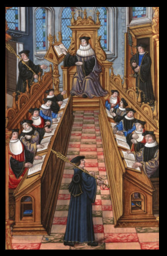 Meeting of professors at the University of Paris. From a 16th-century 