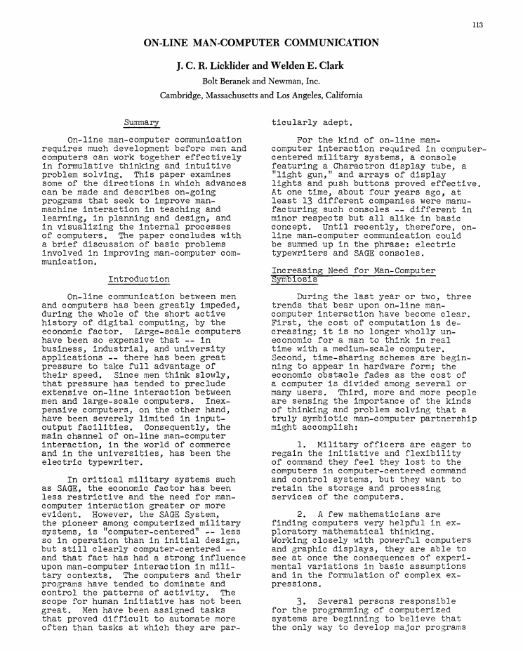 First page of On-Line Man-Computer Communication by Licklider and Clark