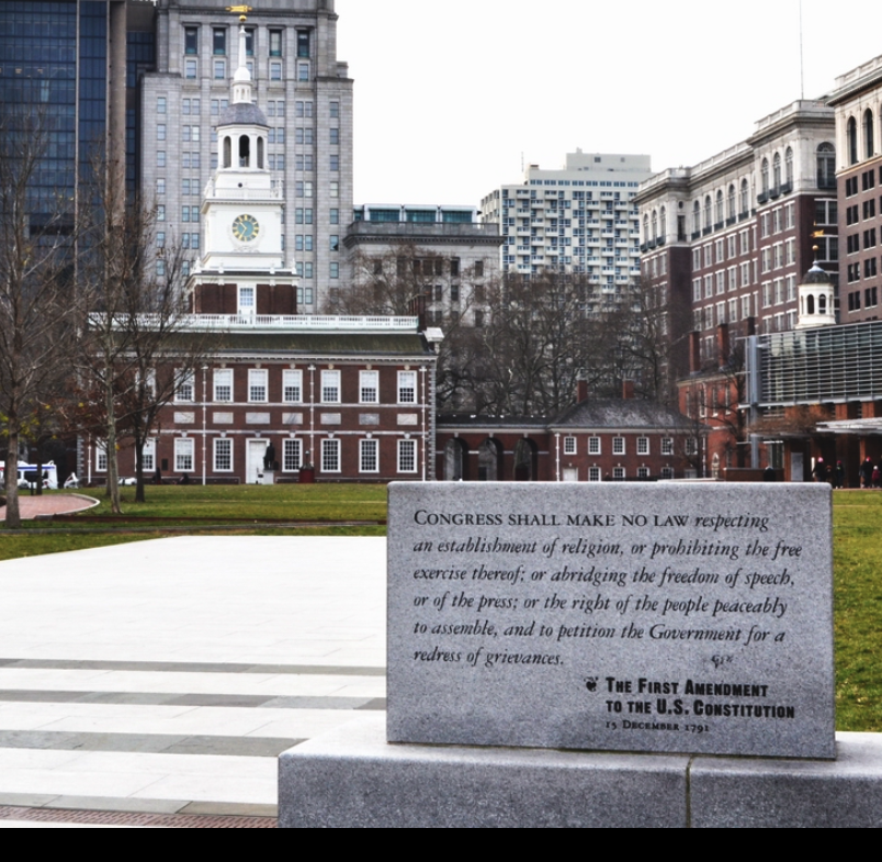 Inscription of the First Amendment (December 15, 1791) on stone in front of Independence Hall in Philadelphia