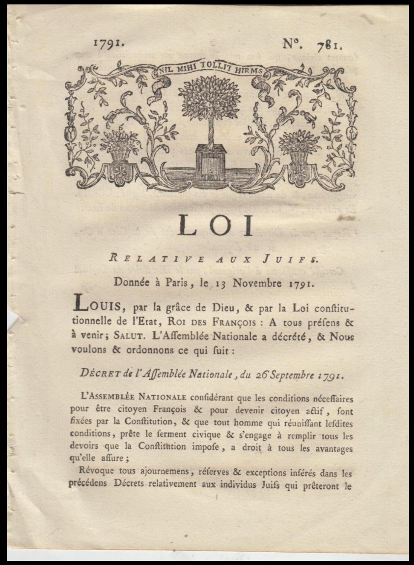 Loi relative aux Juifs. Donnée à Paris, le 13 Novembre 1791. . Décret de l'Assemblée Nationale, du 26 Septembre 1791.