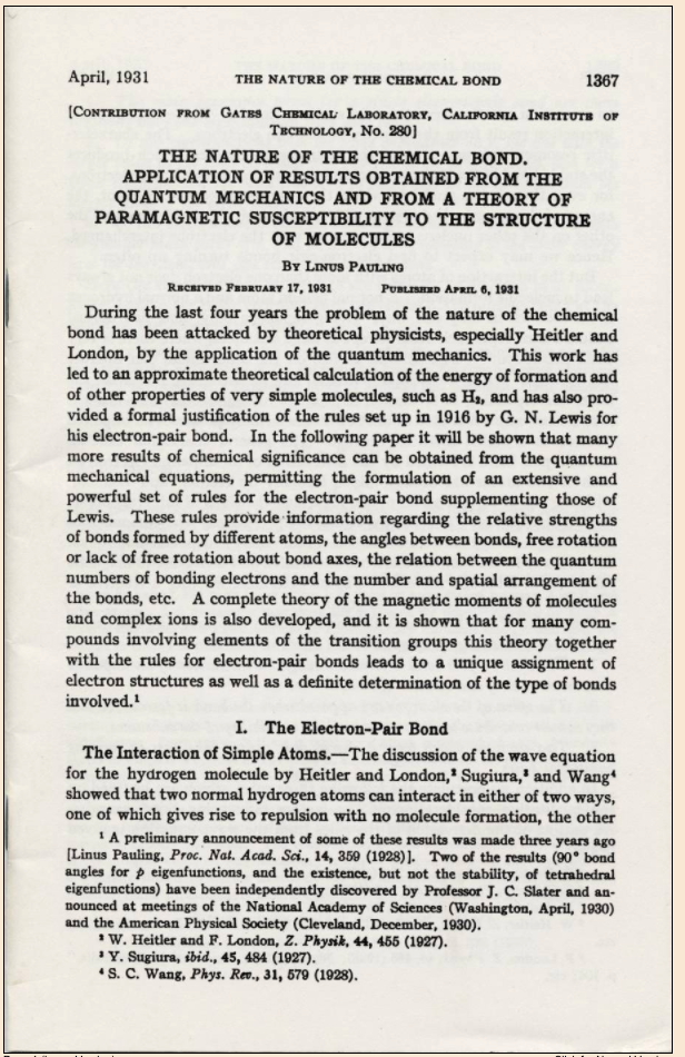 First page of Pauling's paper, The nature of the chemical bond