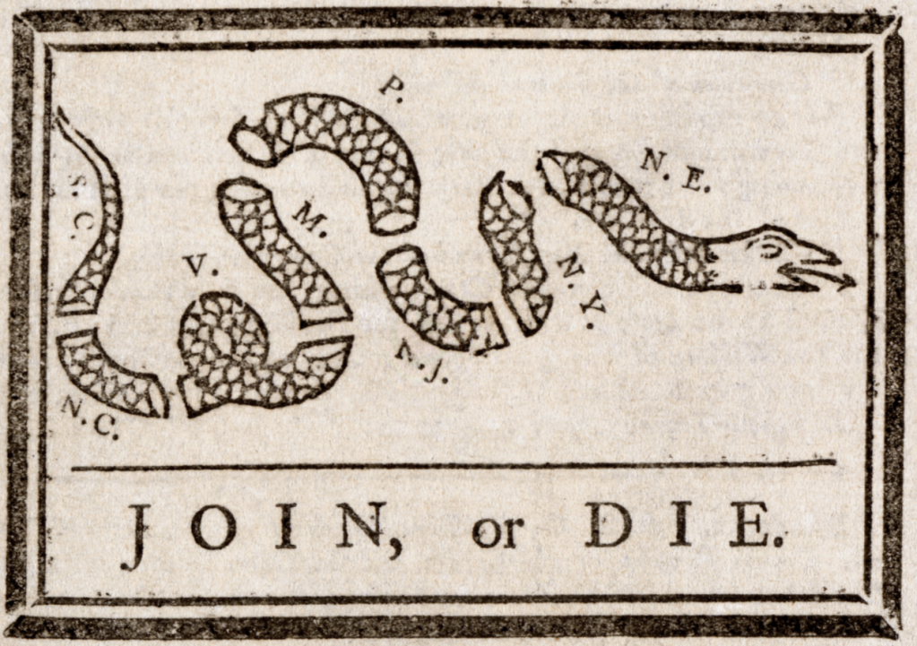 Benjamin Franklin Publishes the First American Political Cartoon: 