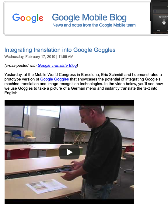 Screenshot of introduction of Translation into Google Goggles