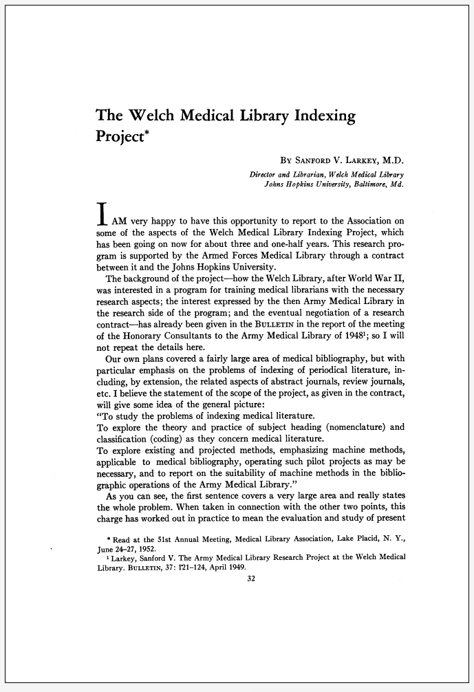 First page of Larkey's paper on the Welch Medical Library Indexing Project