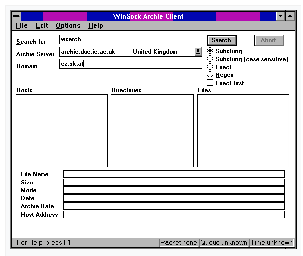 Screenshot of an Archie client from 1995.