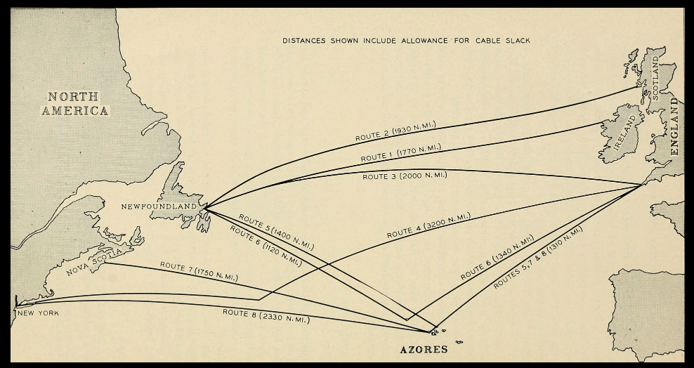 Transatlantic telephone cable routes under study in early 1956.
