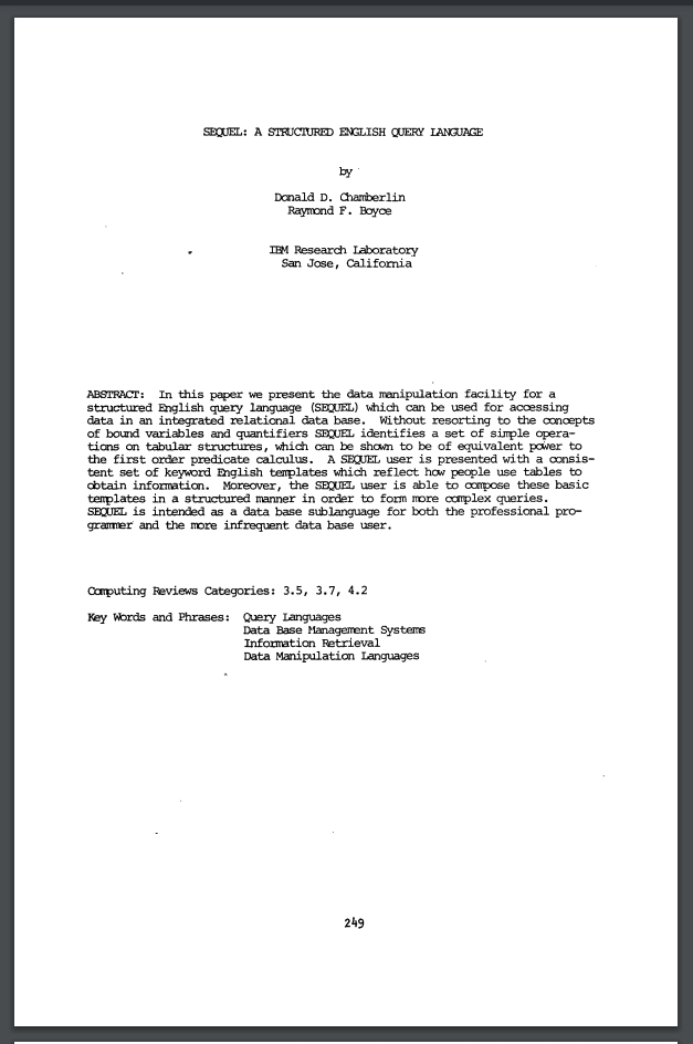 First page of Chamberlin & Boyce paper on SEQUEL
