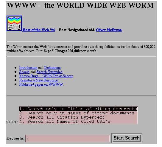 Screenshot of the World Wide Web Worm