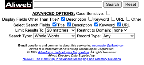 Screenshot of ALIWEB arrived by the Wayback Machine on February 9, 1998.