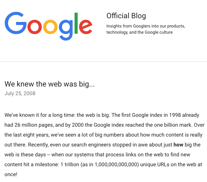 Google announces that it is indexed 1 trillion URLs
