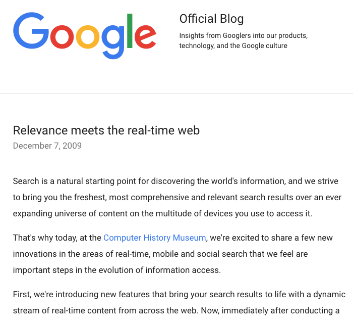 Screenshot of Google Blog announcing real time search